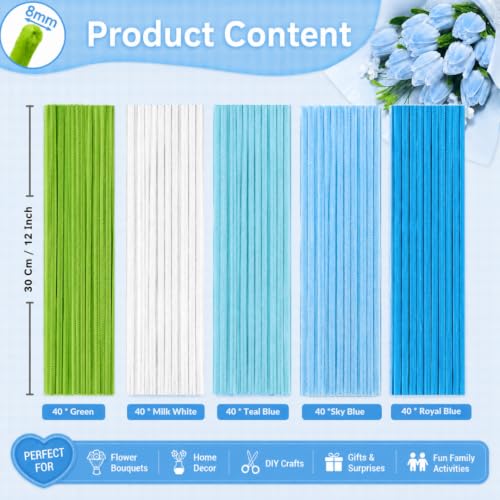 Image of YUNAMI Chenille Stems for DIY Flower Making - 200 Pcs Pipe Cleaners with Floral Wire, Tape, Stamen & Pearls - Premium Bouquet Supplies for Home Decor & Gifting (200, Blue)