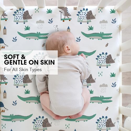 Image of Little Grape Land Crib Sheets 4 Pack for Boys and Girls, Baby Neutral Crib Fitted Sheets for Standard Crib & Toddler Mattress, Super Soft Breathable Fitted Crib Sheet Set (Truck & Alligator)