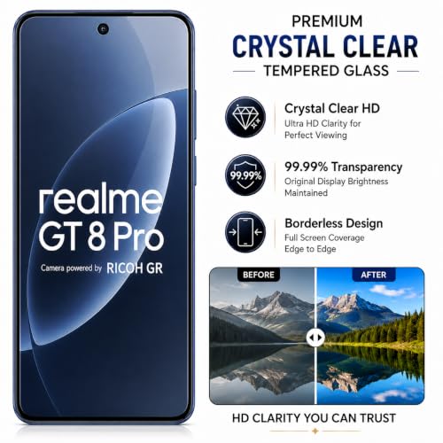 Image of ArmourPro 3D Borderless Tempered Glass for Realme 16 Pro, Realme GT 8 and GT 8 Pro, HD Clear Curved Edge to Edge Screen Protector, 9H Hardness, Oleophobic Coating, Case Friendly | Pack of 1