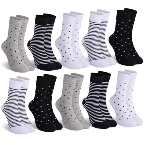 Mowenti socken damen 35-38 sportsocken strümpfe socks Damensocken bunte schwarz Streifen Punkte baumwollsocken 10 Paar 2x Weiß 2x Schwarz 1xGrau