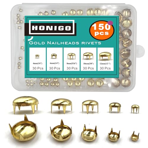 Honigo 150pcs Nailheads Round Dome Studs Rivets Gold Metal Solid Brass 4/6/8/10/12mm 4 Prongs Spikes Spots for Leather Craft Clothes Belt Bag Shoes Decorations Totes DIY Craft