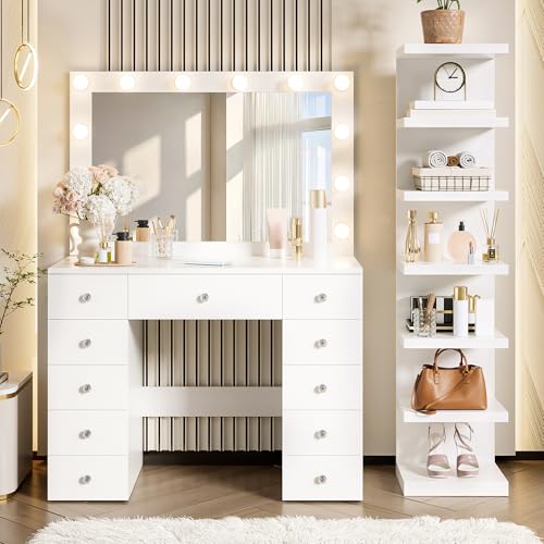JIJIWANG Moden Vanity Desk with 11 Bulbs & 7-Tier Shelf,