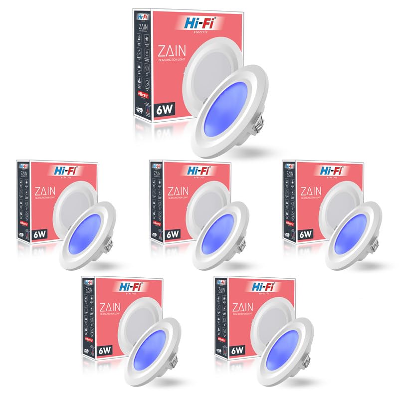 Image of elleys' Zain 6 Watt Junction Box Led Ceiling Light| Cut Out- 75 mm|BIS Certified| Blue Color Ceiling Light for Hall,Room,Office | Led Downlighter Colour (Blue) Pack of 6