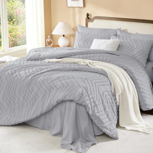 Image of Litanika Light Grey Queen Size Comforter Set with Sheets - 7 Pieces Bed in a Bag Queen Boho Tufted Complete Bedding Sets with Comforter, Sheets, Pillowcases & Shams