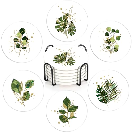 Coasters Set with Holder,Green Plants Absorbent Ceramic Coasters with Cork Base,Cute Funny Table Cup Mat 6 Pcs,Table Home Décor