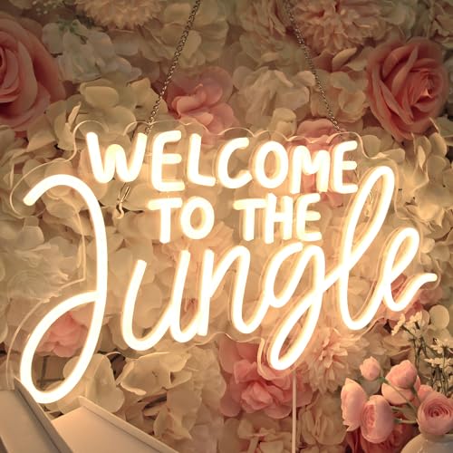 Image of Planzo Welcome to the Jungle LED Neon Sign Light Baby Shower Wall Decor | Bedroom Kids Room Neon Sign for Home Decor, Safari Jungle Themed Party Decor, Kids Birthday Gift, USB, 16.93 inchx9.06 inchWarm White