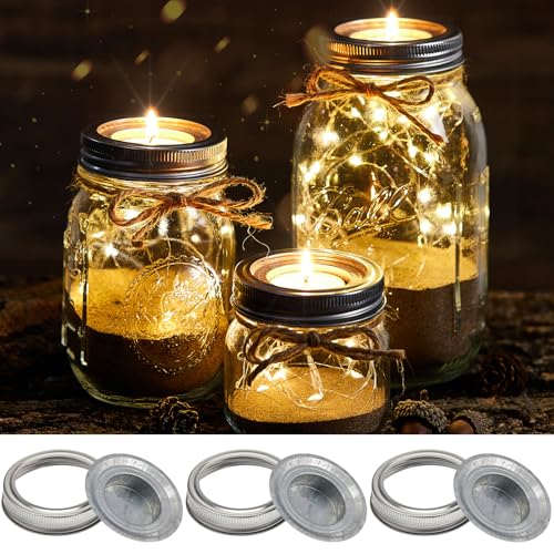 3 Sets Mason Jar Tea Light Candle Holder Lid Inserts Mason Jar Replacement Rings Farmhouse Decor for Home Party Wedding Rustic Regular Mouth Compatible with Tea Light Candles up to 1.5 Inch Diameter