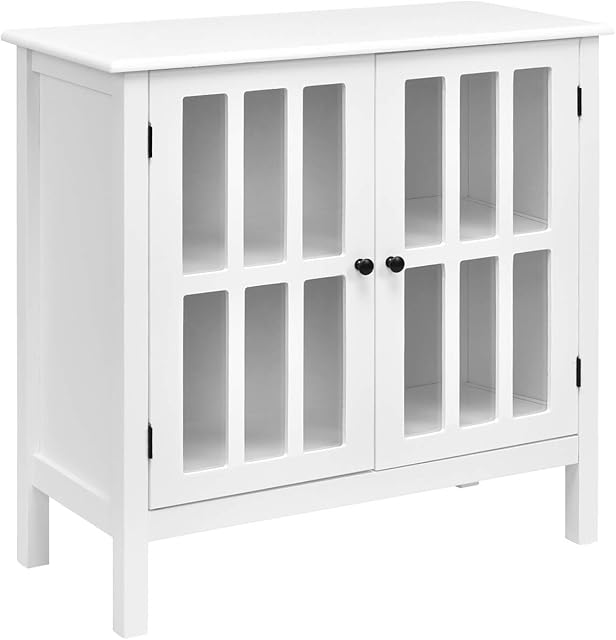 COSTWAY Wooden Storage Cabinet, Floor Standing Accent Cupboard with Tempered Glass Doors, Multipurpose Buffet Sideboard Display Side Cabinet for Living Room, Dining Room and Hallway (White)