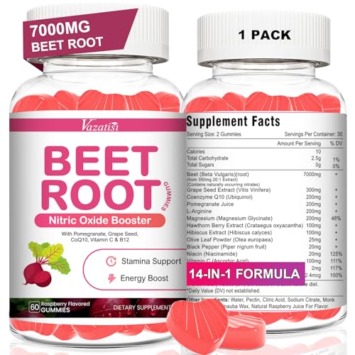 Image of Beet Root Gummies - Nitric Oxide Beetroot Gummies with Coq 10, Grape Seed, Pomegranate for Circulation & Energy Support - Vegan, Non-GMO, 60 Beet Chews