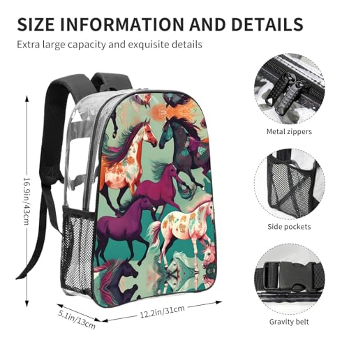 Sac à dos transparent imprimé chevaux avec compartiments de rangement noirs - 4