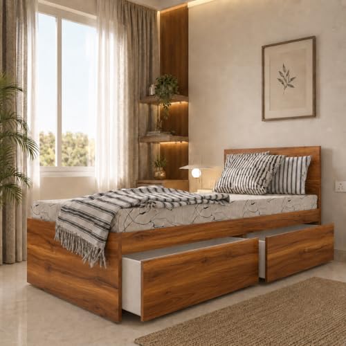 Image of Studio Kook Tribe with Headboard Engineered Wood Single Bed with Drawers (Amber Walnut, Right Side Drawer)