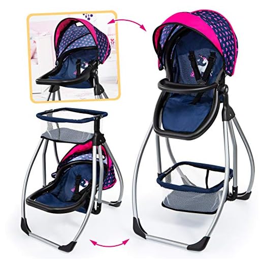 Bayer Design convertible en cuna (63554AA) Trona Trio, 3 en 1, Silla Alta, Asiento, Columpio, Accesorios para muñecos, color azul, rosa con corazones, unicornio