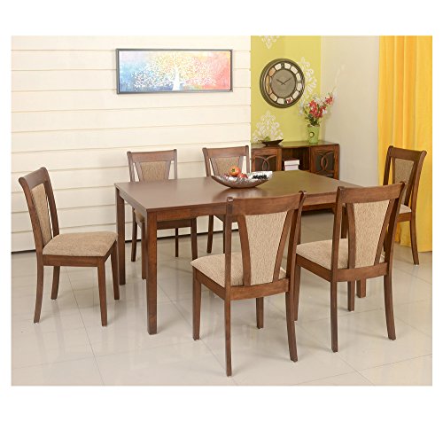@home by Nilkamal Jewel Solid Rubber Wood Dining Table 6 Seater| Six Seater Wooden Table with Six Chairs with Cushion| Dining Room Set| Rubberwood, Walnut
