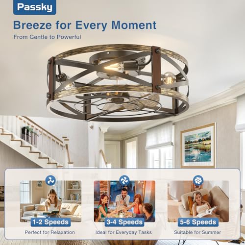 Image of Passky 20 inch Farmhouse Flush Mount Ceiling Fans with Lights and Remote, Industrial Black Caged Low Profile Fandelier, 6 Speeds Bladeless Ceiling Fan for Bedroom, Kitchen, Living Room