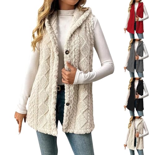 Womens Sherpa Vest with Hood - 2025 Winter Fleece Button Up Long ...