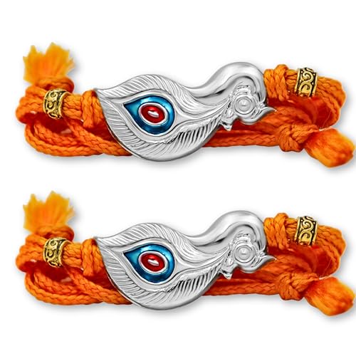 Image of 925 Sterling Silver Rakhi with Peacock Design for Brother, Handmade Orange Thread Rakhi for Raksha Bandhan Gift