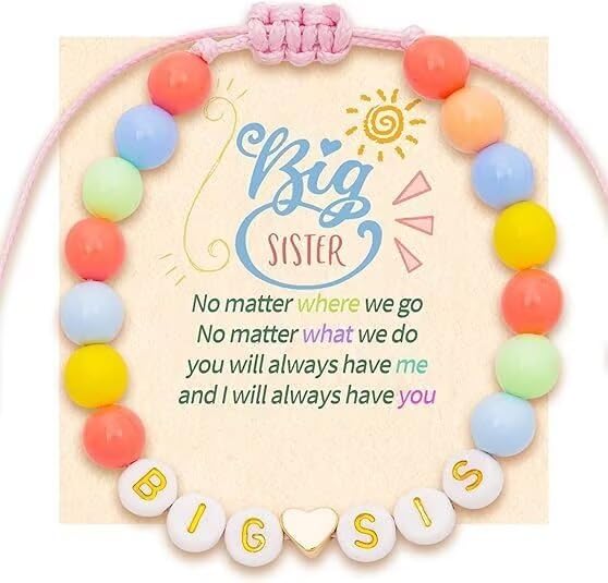 Image of Big Sister Gifts For Little, Pastel Rainbow Heart Rainbow Ball Big Little Sister Bracelet Announcement, Birthday Jewelry
