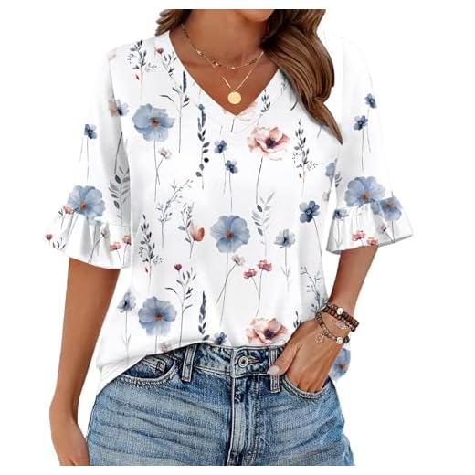 Zeagoo Blusa feminina casual, gola V, floral, lisa, com babados, manga 3/4, P-2GG, Floral branco, G