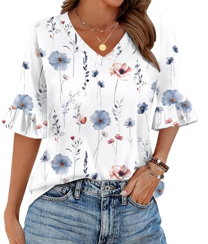 Zeagoo Womens Tops Casual V Neck Shirts Floral Solid Blouse Ruffle Tunics 3/4 Sleeve Tshirt S-XXL