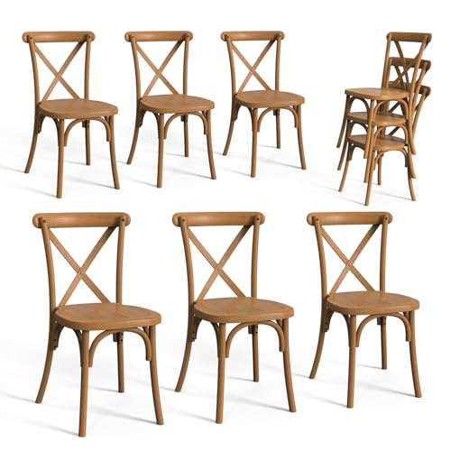 VINGLI Plastic Outdoor Dining Chairs Set of 6, Stackable Patio Farmhouse Brown Dining Chairs with X Back, Waterproof Kitchen & Dining Room Chairs for Indoor-Outdoor, Capacity 400 lbs