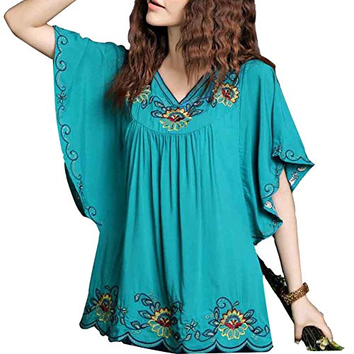Ashir Aley New Floral Embroidered Flowy Sleeve Wrap Ruffled Peasant Tops Blouse(XL,Turquoise)