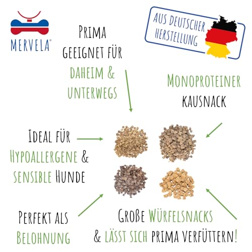 MERVELA® Würfelhappen Lamm für Hunde, 500 Gramm [Qualität aus Deutschland] für Allergiker Sensitive, Belohnung, Trainingssnack, getreidefrei, Hundesnack, hypoallergen, Hunde Leckerli