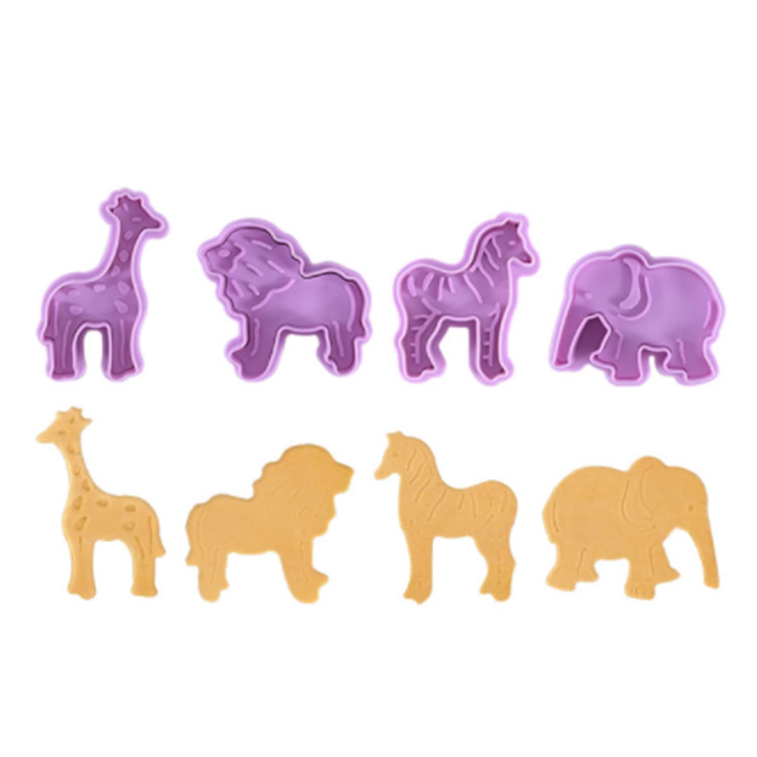 4 Pack 3D Animal Cookie Cutters Fondant Biscuit Mould Cake Molds Sugarcraft Cake Decoration Baking Pastry Tools Crackers Plunger Cutter Stamp Candy Lion Giraffe Zebra Elephant (Purple)