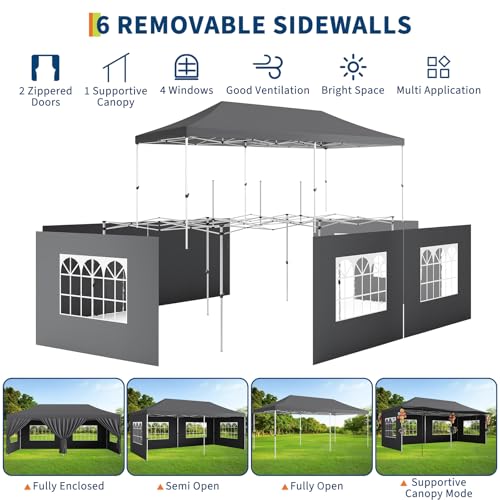 10x20 Pop Up Canopy Tent, Commercial Heavy Duty Canopy Tents for Parties with Roller Bag, 10x20 Tents with 6 Removable Sidewalls, Upgraded Thickened Legs, 6 Sand Bags,Grey
