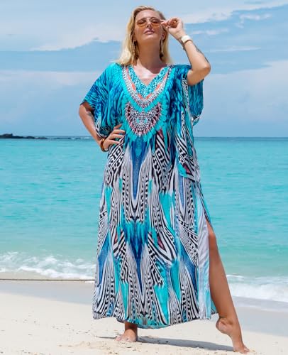 Image of sunforyou Kaftan Dresses for Women Plus Size Lightweight Swimsuit Cover up Batwing Sleeve Print Loungewear Beach Robe