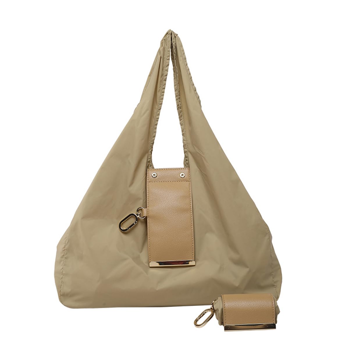 Foldable Keychain Tote Bag with Premium Leather Pouch Expandable Reusable Grocery Shopping Bag Large Capacity Lightweight Portable Handbag for Travel Daily Use (khaki) โ image 1