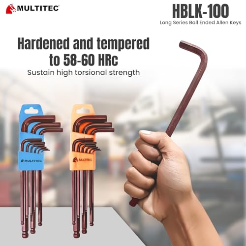 Image of MULTITEC Long Ball Ended Allen Key Set HBLK100-1.5mm to 10mm | 9 Pcs Hex Key Wrench Set with Plastic Holder | Chrome Finish | Hardened Tempered Alloy Steel Tool Kit for Garage Bike Furniture Repair
