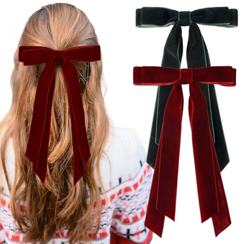 2PCS Velvet Hair Bows Ribbon Hair Clip Wine Red Green Accessories Ponytail Holder Accessories Slides Metal Clips Hair Bow for Women Girls Toddlers Teens Kids - Thumbnail 4