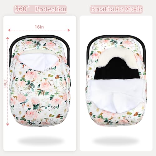 Image of DILIMI Car Seat Covers for Babies, Winter Baby Car Seat Cover, Infant Car Seat Canopy for Girls Boys, Warm Windproof Carseat Canopy for Newborn, Pink Floral