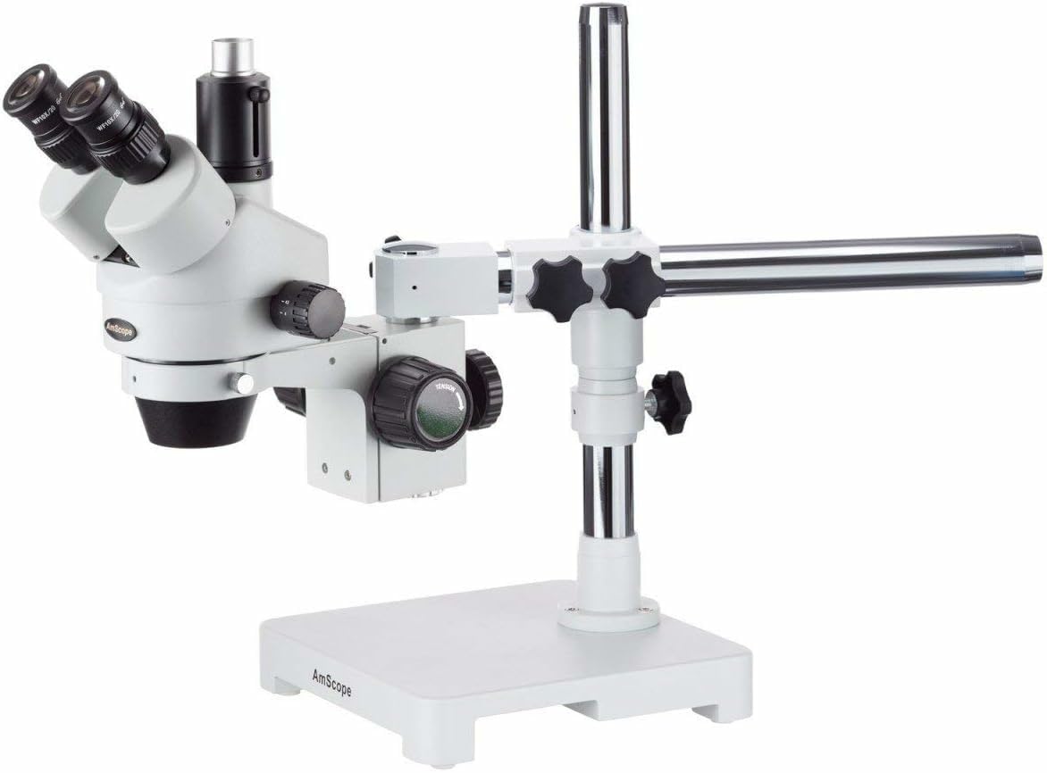 AmScope SM-3T Professional Trinocular Stereo Zoom Microscope, WH10x Eyepieces, 7X-45X Magnification, 0.7X-4.5X Zoom Objective, Ambient Lighting, Single-Arm Boom Stand