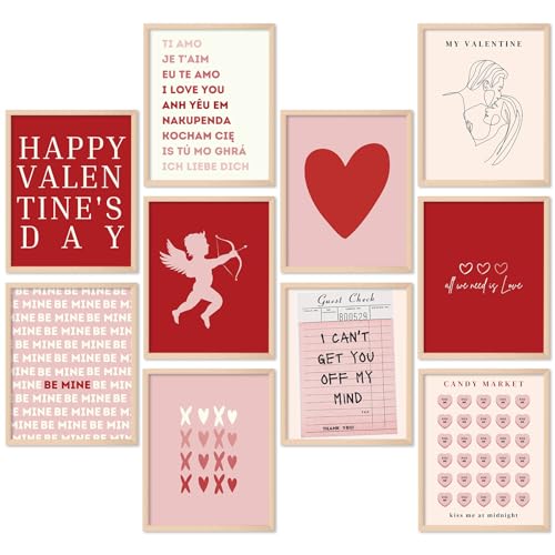 Whaline 12Pcs Valentine's Day Wall Art Prints Retro Romantic Love Heart Cupid Art Poster Red Pink Wall Decor For Wedding Home Living Room Bedroom, UNFRAMED, 8 x 10 Inch