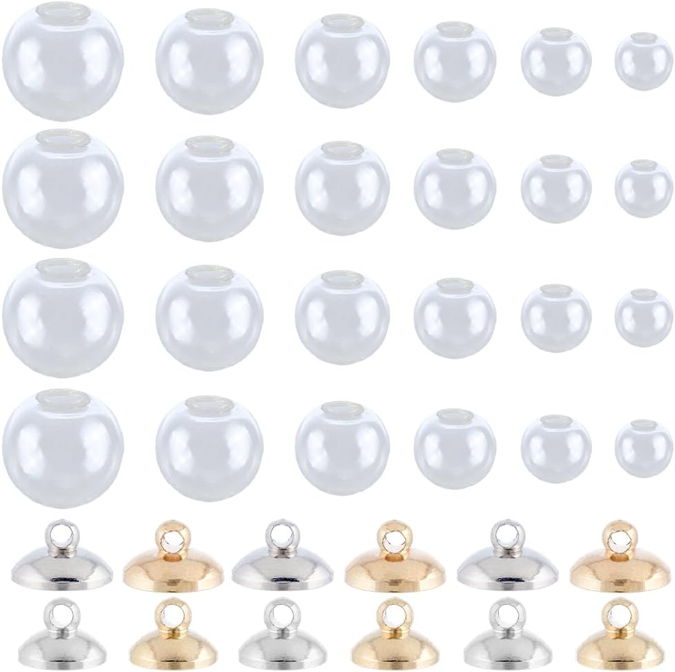96Pcs Glass Globe Charm Empty Bottle Charms with Brass Caps Small Mini Fillable Round Ball Clear Hanging Dangle Wish Ornaments Pendants for Christmas Jewellery Bracelets Necklaces DIY Crafts