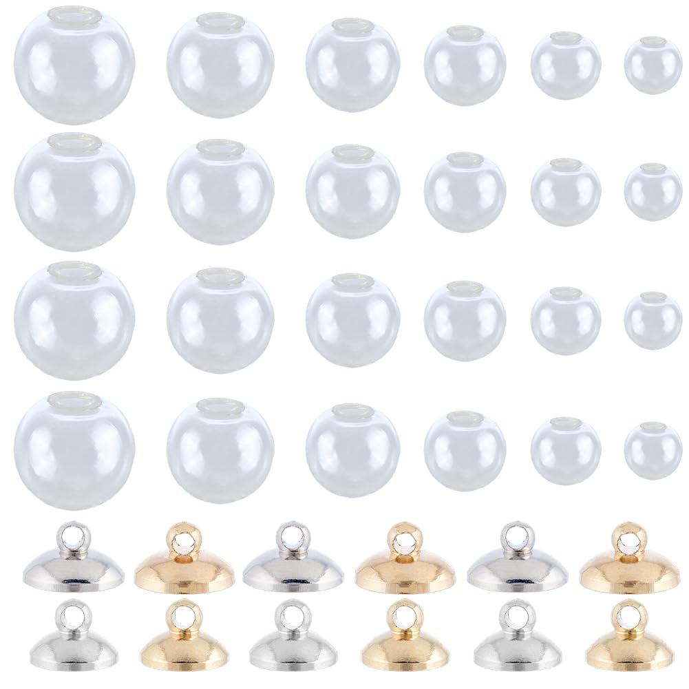 96Pcs Glass Globe Charm Empty Bottle Charms with Brass Caps Small Mini Fillable Round Ball Clear Hanging Dangle Wish Ornaments Pendants for Christmas Jewellery Bracelets Necklaces DIY Crafts
