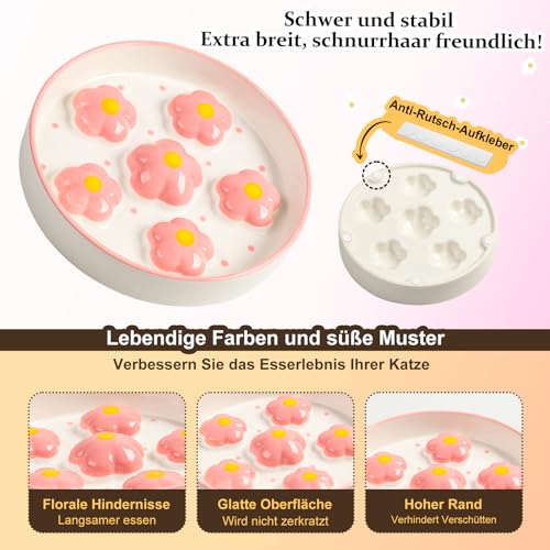 Antischlingnapf für Katzen aus Keramik - Futternapf im Labyrinth-Design - Langsames Fressen gegen Erbrechen - Bunte Napf mit Blumenmuster - 16 × 3 cm