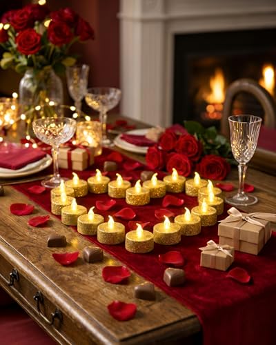 Image of Gold Glitter Tealights Candles with Timer, 12 Pack | Battery Operated Tea Lights for Wedding, Christmas Decorations,Anniversary, Built-in 6 Hours