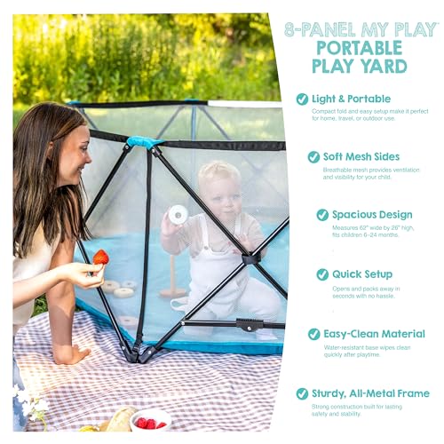 Image of Regalo Safety My Play Deluxe Extra Large Baby Playpen & Portable Play Yard, Foldable 8-Panel Indoor Outdoor Playpen for Babies & Toddlers, Mesh Sides, Washable Nylon Bottom, 62 inch, Aqua /Black