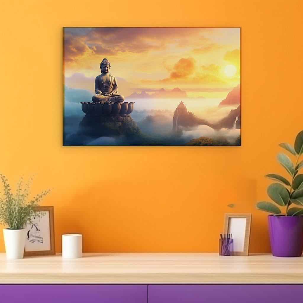 Canvas for Living room. Dawn of Serenity: Embracing Peace atop the Mountain Throned Buddha, 27 x 18 inch Canvas Wall Art - Surrealistic Visions - Modern Home Decor - 69x46 cm (27x18 inch)