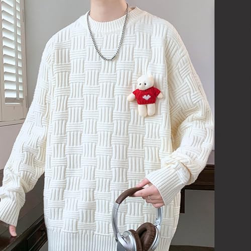Mens Cable Knit Sweater with Bear Toy Crew Neck Long Sleeve Pullover Sweater Fall Casual Sweaters 20254