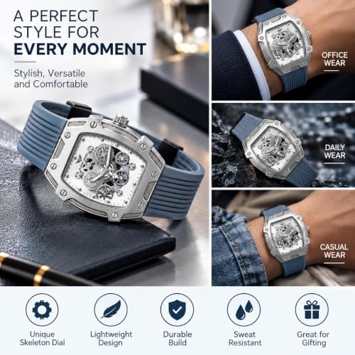 Image of Men's Analog Watch with Skeleton Dial, Rose Gold Alloy Case, Brown Silicone Strap, Quartz Movement, Magnetic Buckle & 30M Water Resistant Wrist Watch