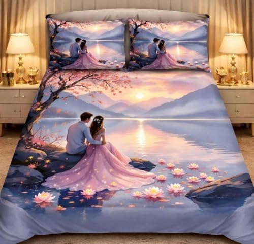 Image of Premium 7D Digital Printed Cotton Flat Bedsheet (90 X 100) Inch with 2 King Size Pillow Covers -300 TC Fabric, Design & Superior Comfort Double Bedsheet for Double Bed (Blue - Couple Pattern 1)