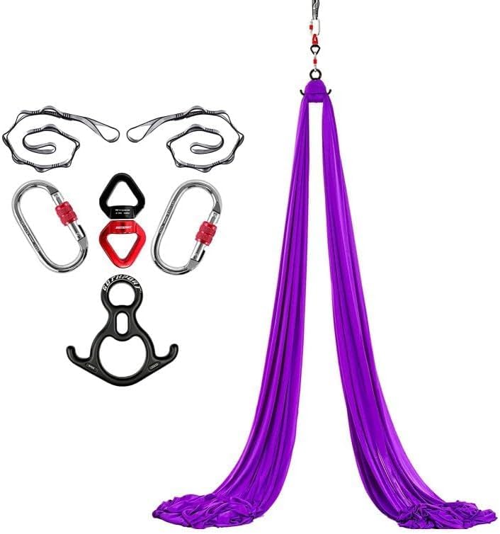 Aerial Yoga Silk, 8M Heavy-Duty Nylon Cloth, Suspended Yoga Towel with Mounting Hardware, High Load Capacity Trapeze Swing for Aerial Yoga, Acrobatic Training & Artistic Performances (Purple)