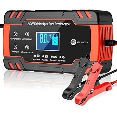 Husgw Car Battery Charger,8A 12V/4A 24V Car Battery Charger, Leisure Battery Charger,Automotive Smart Portable Battery Charger Maintainer/Pulse Repair Charger Pack for Car, Motorcycle, Lawn Mower(Red Cover