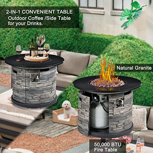 BAIDE-HOME-32-Fire-Table-Natural-Granite-Top-Faux-Stack-Stone-50000-BTU-Round-Propane-Outdoor-Gas-Fire-Pit-Table-Cast-Concrete-Fire-Pit-w-Lid-Lava-Rocks-Electric-Ignition-Rain-Cover