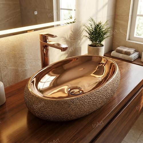 Image of Inart Table Top Premium Designer Ceramic Wash Basin /Vessel Sink for Bathroom 24 x 16 x 6 Inch Rose Golden Color Polished Finish