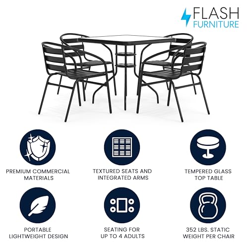 Flash Furniture 5-Piece Patio Dining Set with 31.5" Square Glass Metal Table and 4 Stackable Slat Back Chairs, Indoor/Outdoor Bistro Set, Black - Image 3