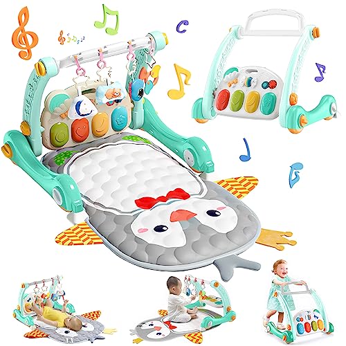 Image of TFDER Baby Gym with Walker, Kick and Play Piano Gym,Tummy Time Mat, Musical Light Activity Center for Infants Toddlers, Birthday Gift Play Mat for Newborn(Green and White)